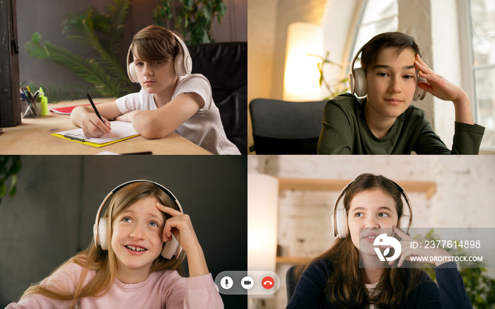 Bored. Group of kids, class studying by group video call, use video conference with each other. PC screen view with application ad. Easy, comfortable usage concept, education, online, childhood.