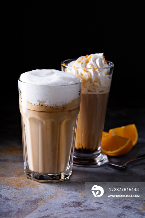 Coffee latte and viennese coffee with whipped cream