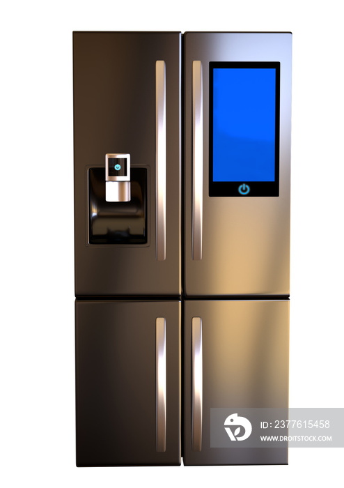 Modern side by side Stainless Steel Smart Refrigerator touch screen. Copy Space, front view. Isolated on a White Background