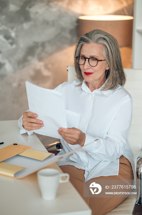 Gray-haired woman sitting at the table and working with project documentation