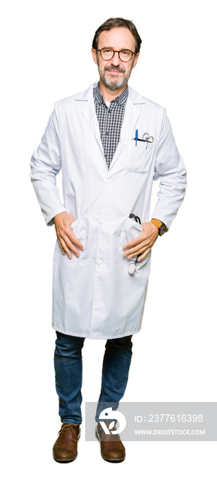 Middle age doctor men wearing medical coat Relaxed with serious expression on face. Simple and natural looking at the camera.