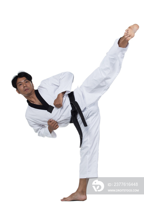 Master Black Belt TaeKwonDo handsome man instructor Teacher fighter show hit pose, studio lighting white background isolated.  White formal fighting suit, motion blur hand foots on taekwondo post.