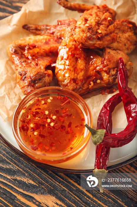 Tasty fried chicken wings and hot honey on wooden background, closeup