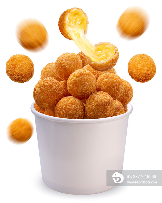 Crispy Cheese ball flying out of white paper bucket isolated on white background, Cheese ball or cheesy puffs in paper bucket on white With clipping path.