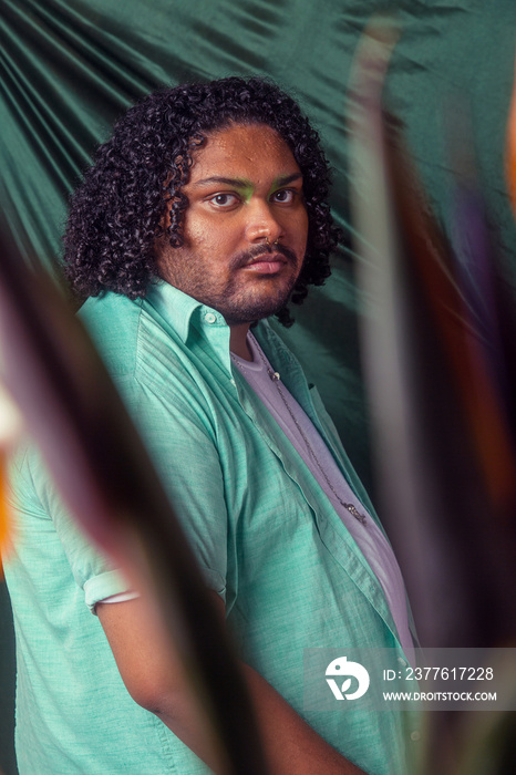 Asian individual fashion colour-blocked studio portrait