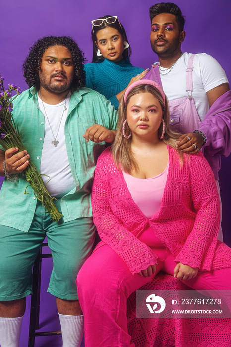 Asian Group fashion colour-blocked studio portrait