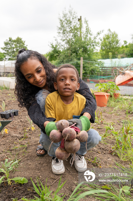 Portrait of mother and son holding beetroot in allotment