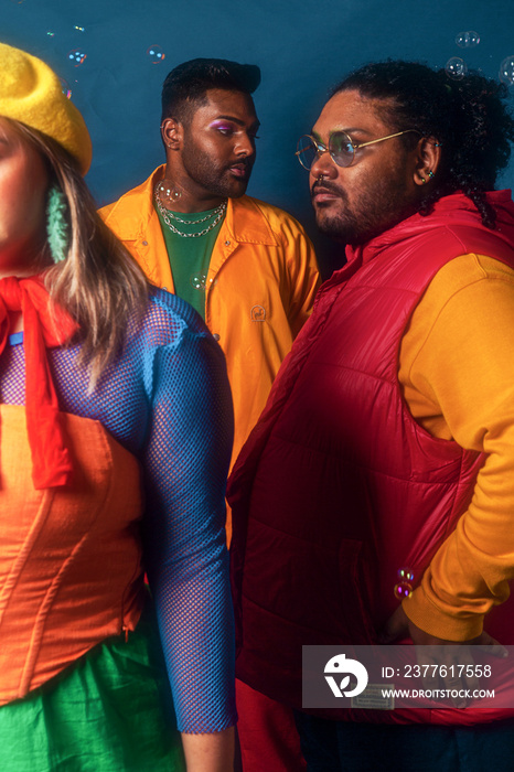 Trio fashion colour blocked studio portrait