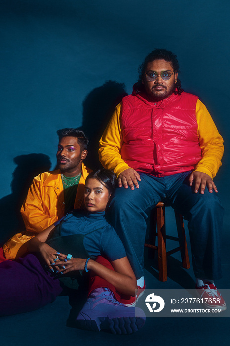 Trio fashion colour blocked studio portrait