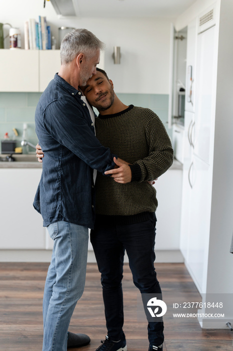 Male couple hugging and kissing at home