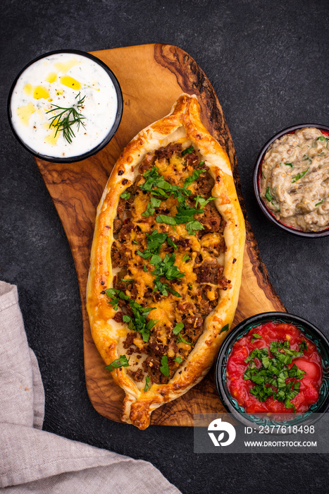 Traditional Turkish pide with meat