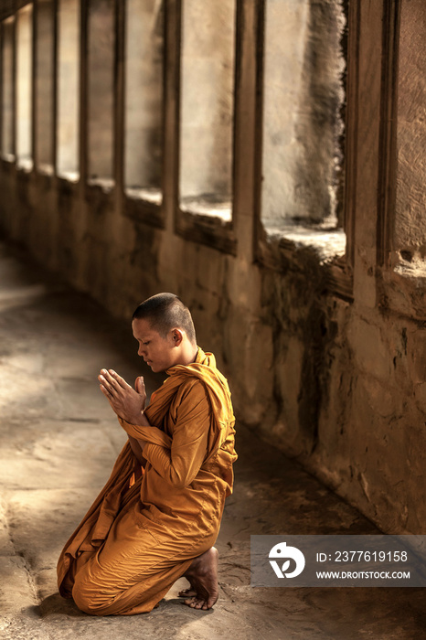 Young Buddhist monk praying in temple, Angkor Wat, Siem Reap, Cambodia