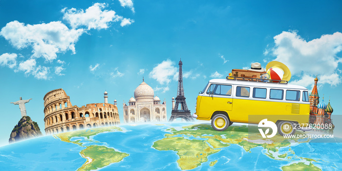 Travel by van to world famous destinations concept. Free space above for text.