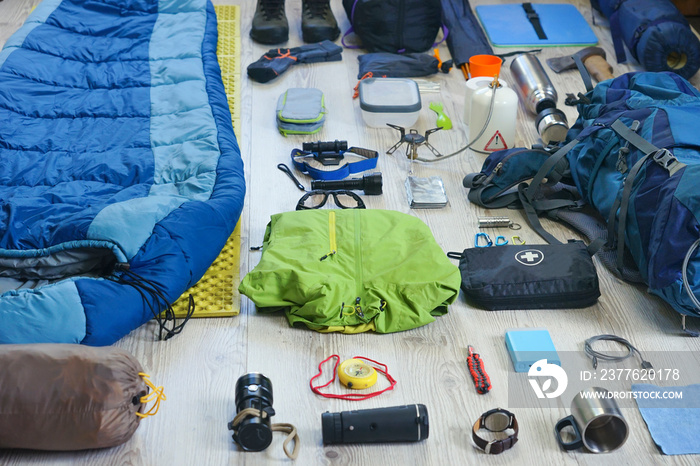 Things and accessories for tourism, travel and hiking, flat lay top view