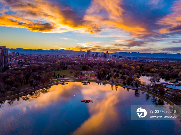 Beautiful Drone Sunset from above City Park in Denver, Colorado