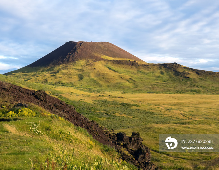 Eldfell volcano, Heimaey, Vestmannaeyjar islands, Iceland. Its 1973 eruption caused major destruction and increased the area of the island significantly.