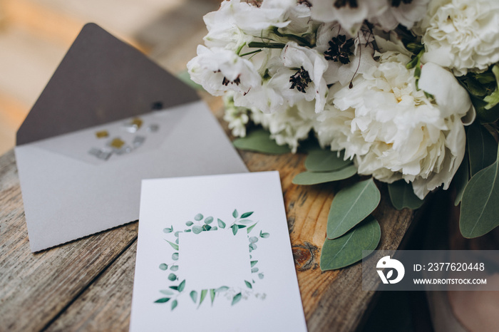 on the old wooden table lies an envelope and invitation card, next to it lies a bouquet of white flowers with greenery