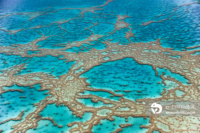 Aerial view of Whitsunday Islands Coral Reef of Queensland from the aircraft.