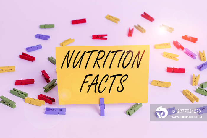 Handwriting text Nutrition Facts. Conceptual photo detailed information about a food s is nutrient content Colored clothespin papers empty reminder white floor background office