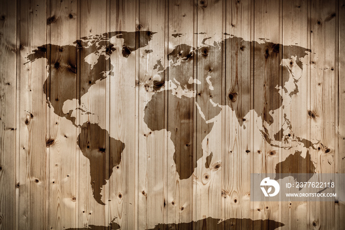 World map on wooden wall. Vintage