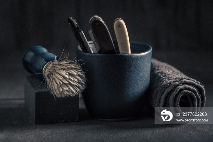 Unique shave tools with brush, razor, soap