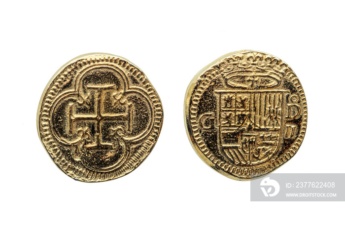 Gold Escudos Coin of Philip II (Felipe II) of Spain Crowned Shield Obverse Cross In Quatrefoil Reverse cut out and isolated on a white background