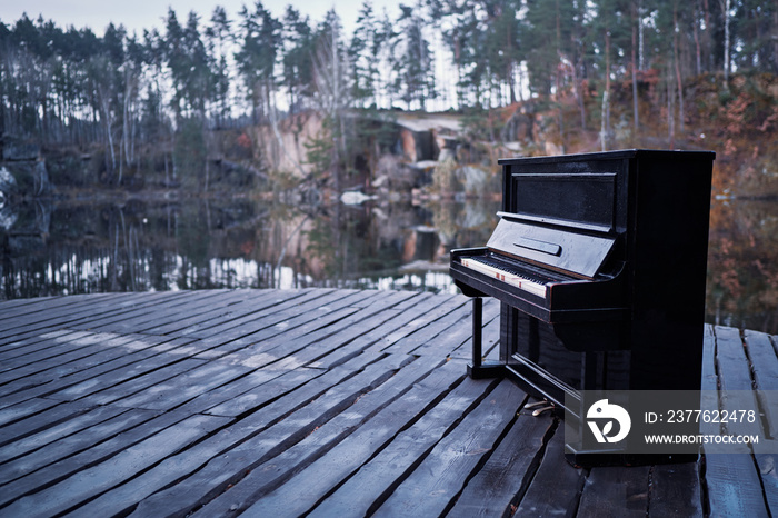 Music and nature. Old black piano near forest lake.