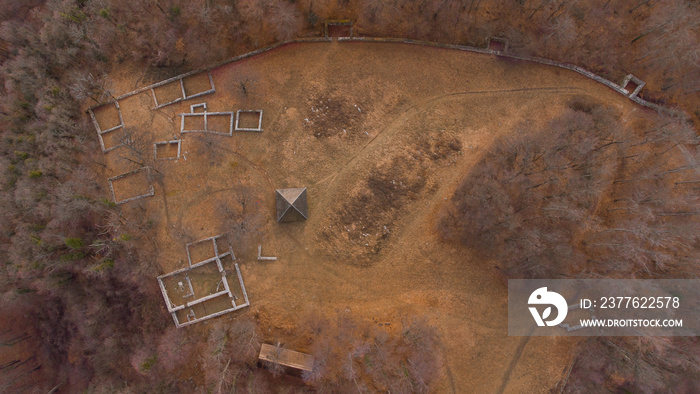 Aerial drone view of Rifnik arheological site, with visible outlines of ruins in the early centuries, close to Sentjur at Celje.