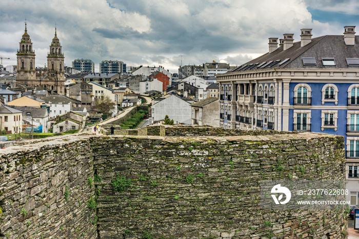 View of the Cathedral and the Wall of Lugo declared World Heritage by Unesco (Galicia, Spain)