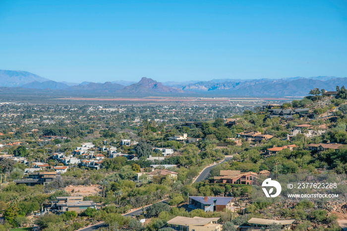 View of suburban residence from Camelback Mountain hiking trail at Phoenix, Arizona