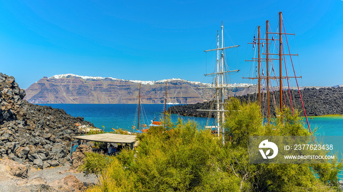 A view from the landing bay on the volcanic island of Nea Kameni, Santorini in summertime