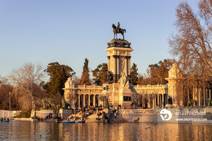 Madrid, Spain. Monument to Alfonso XII in Buen Retiro Park (El Retiro), situated on the east edge of an artificial lake near the center of the park