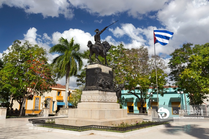 Ignacio Agramonte Public Park in Camaguey Cuba Town Square with Cuban Flag and Independence War Soldier Statue