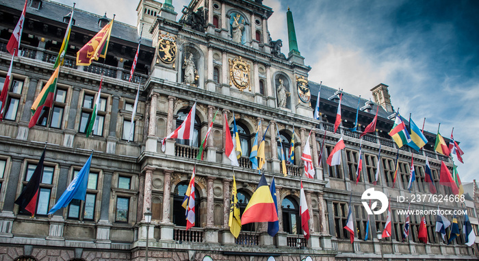 Political concept with flag of the European Union (EU). Many flags in the center of European Union - Belgium