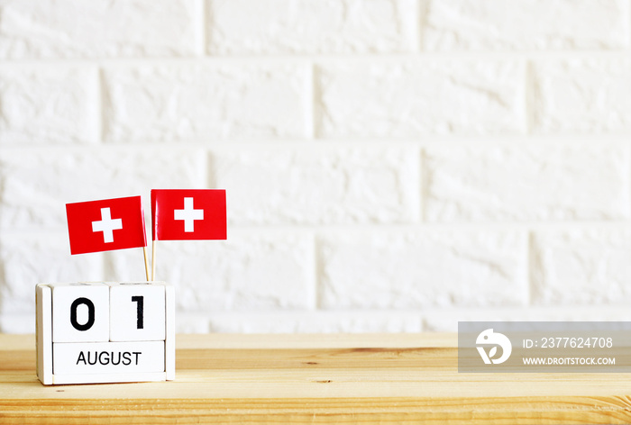 AUGUST 01 Wooden calendar flag Switzerland Concept Switzerland national day.Copy space,minimal style