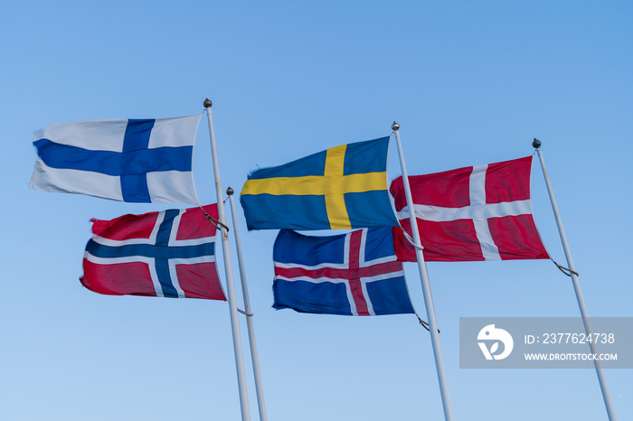 Swedish, Danish, Icelandic, Finnish and Norwegian Scandinavian flags waving in the strong wind with blue sky.