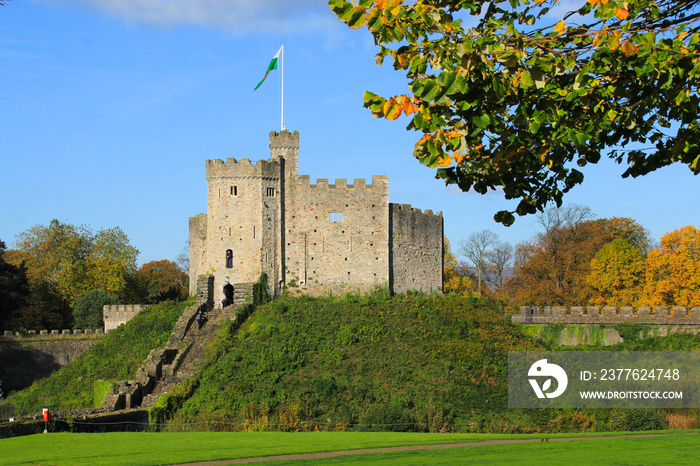 Cardiff Castle exterior in the center of Cardiff in the autumn sunshine