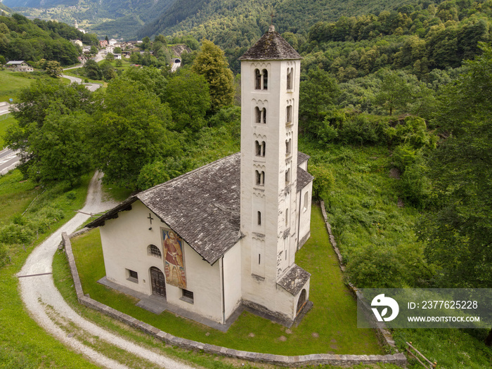 Drone view at the church of Mesocco in the Swiss alps