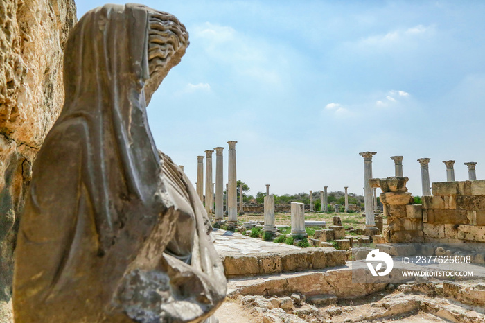 Famagusta, Turkish Republic of Northern Cyprus. Columns and sculptures at Ancient City Salamis Ruins.