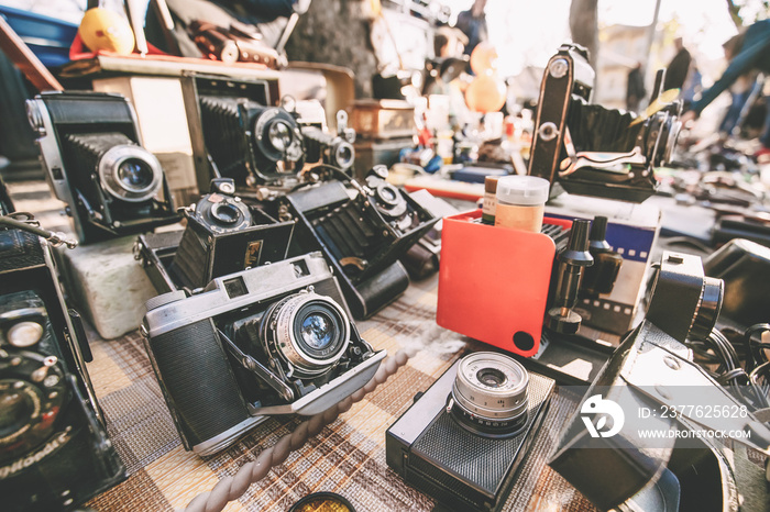 Tbilisi, Georgia. Shop Flea Market Of Antiques Old Retro Vintage Things On Dry Bridge In Tbilisi. Different Vintage Old Retro Cameras