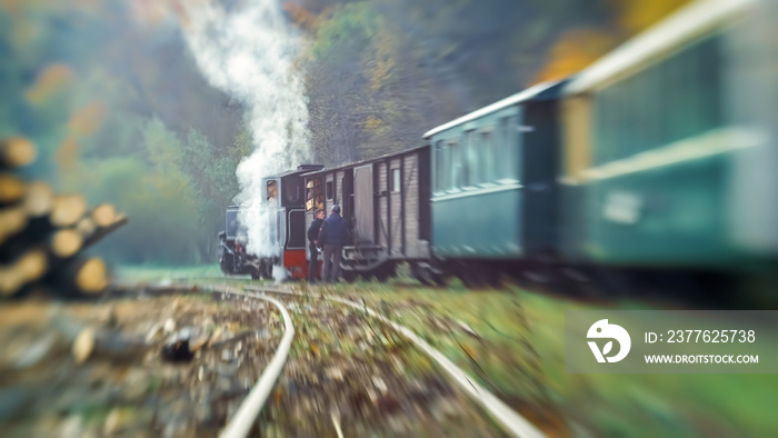 The wound-up steam train Mocanita in Romania. Lensbaby effect