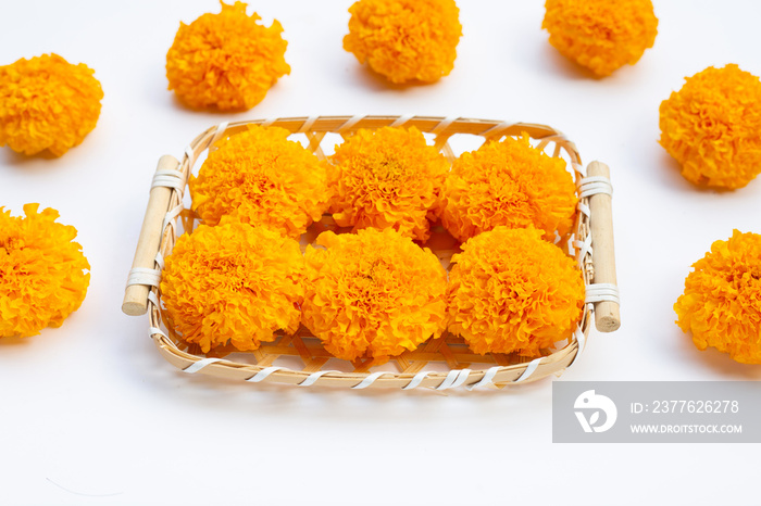 Marigold flowers in bamboo basket