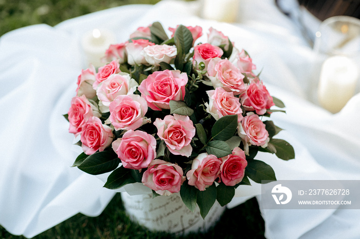 gorgeous morning bridal bouquet from the groom close-up