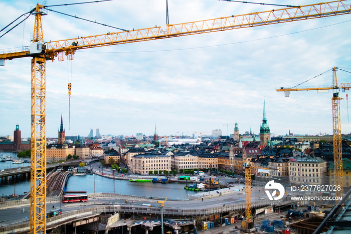 Stockholm Slussen construction site with cranes