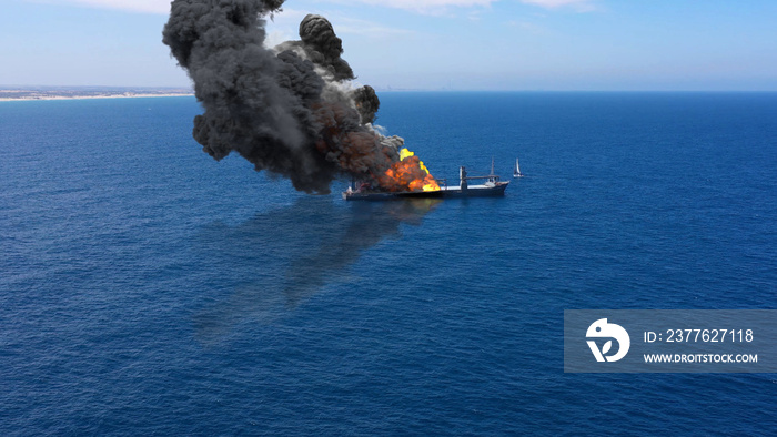 Cargo ship burning on fire with large scale smoke-Aerial Aerial, Mediterranean Sea, Cargo tanker ship, Real Drone view with visual effect Elements