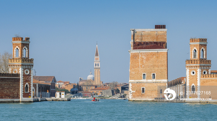 Venice, Arsenale historic shipyard, Gate and Canal View.