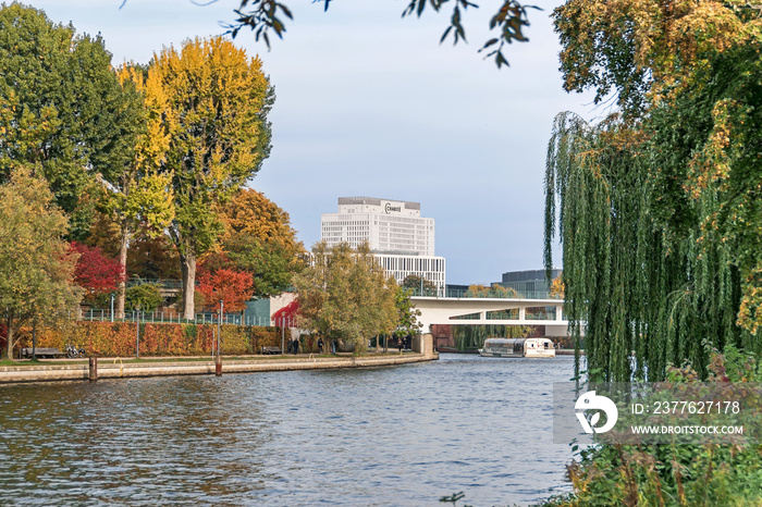 Banks of the river Spree  and the building of the Charite in Berlin, Germany