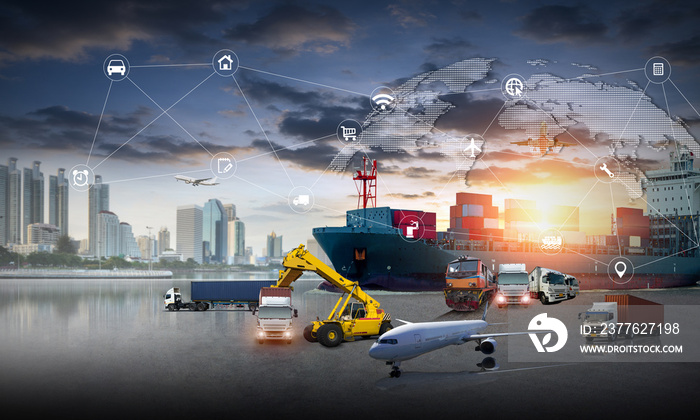 World map with logistic network distribution on background. Logistic and transport concept in front Container Cargo freight ship for Concept of fast or instant shipping, Online goods orders worldwide