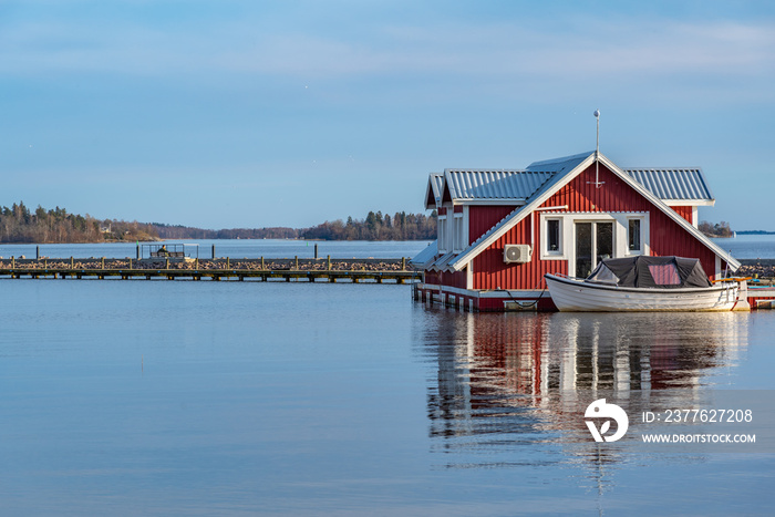 A fishing hut at lake Malaren in Vasteras, Sweden