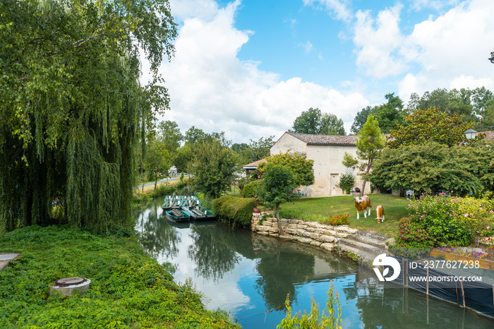 Jetty for boats to sail between La Garette and Coulon, Marais Poitevin the Green Venice, near the town of Niort, France